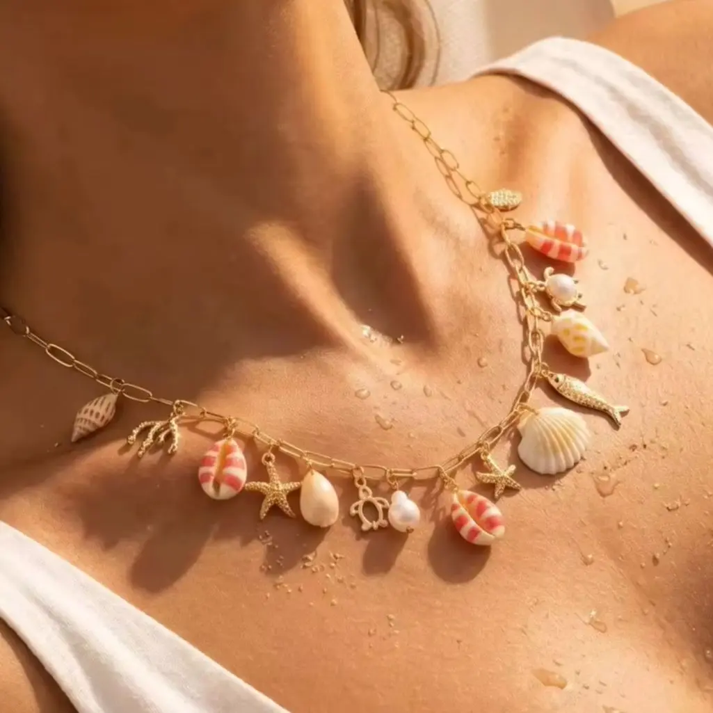 Bohemian Starfish Conch Imitation Pearl Clavicle Necklace for Women Colorful Shell Multi Pendant Chain Beach Party Jewelry Gift