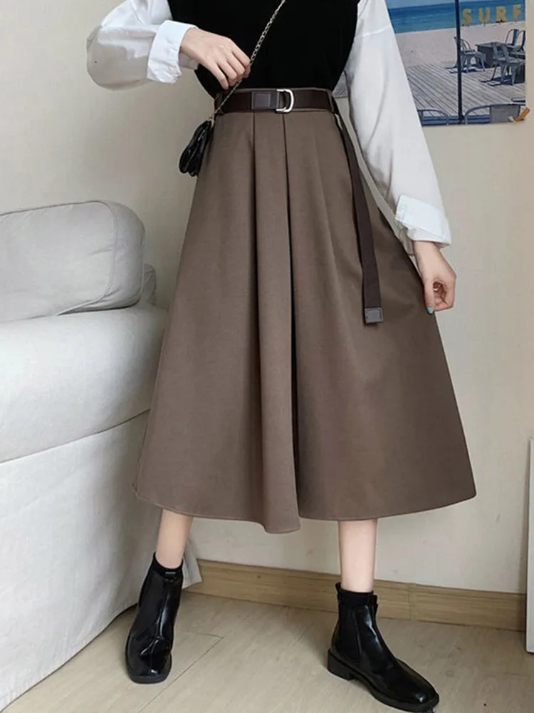 

Solid Skirts Women Mid-calf High Waist Friends Korean Style Elegant College Spring Autumn All-match Jupe Mujer Faldas Female Ins