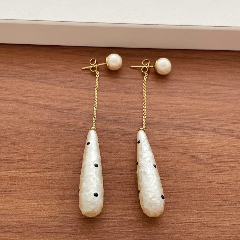 Minar Elegant Black Dot Painting White Simulated Pearl Water Drop Long Chain Tassel Dangle Earrings for Women Casual Jewelry