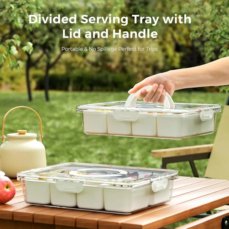 Portable Modern PP Injection Molded Eco-Friendly Snack Box Container 8 Individual Compartments Divided Serving Tray Lid Handle
