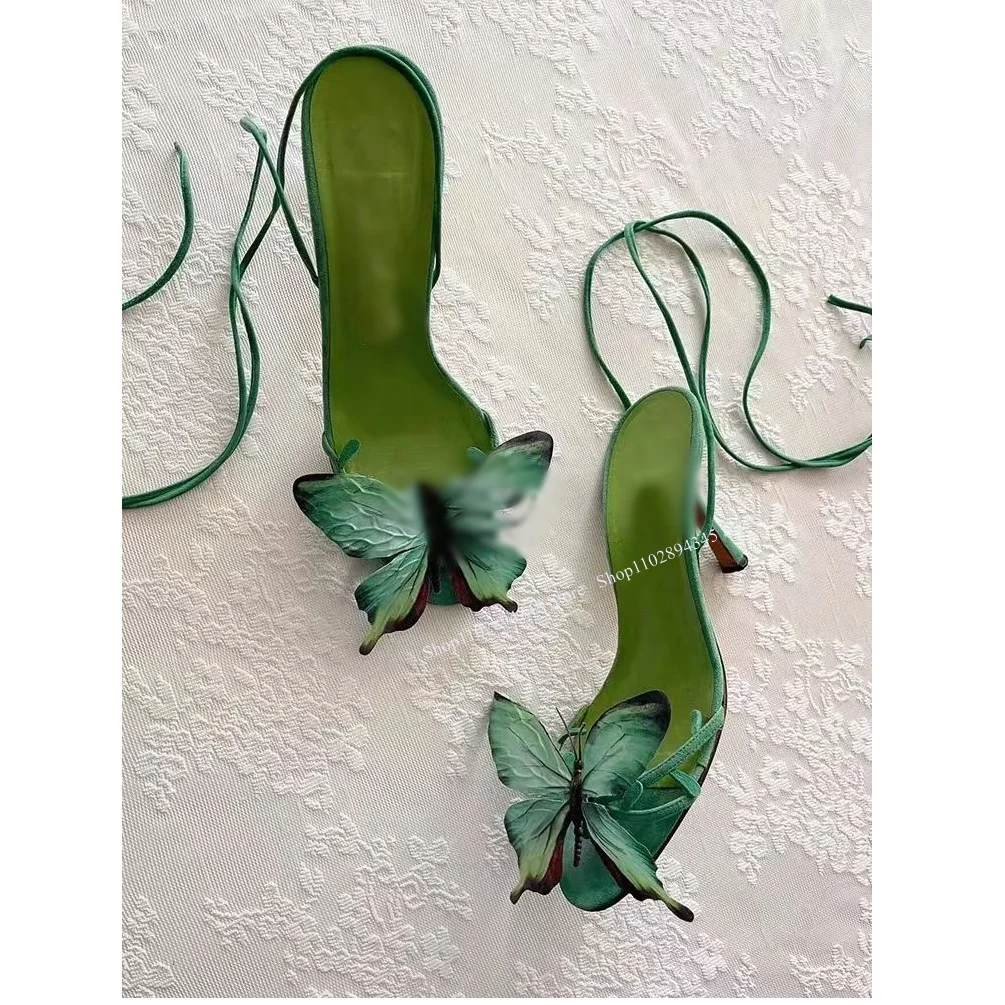 Green Lace Up Butterfly Sandals Thin High Heel Peep Toe Hollow Fashionable Sexy Cool Western Summer Woman Shoes Zapatillas Mujer