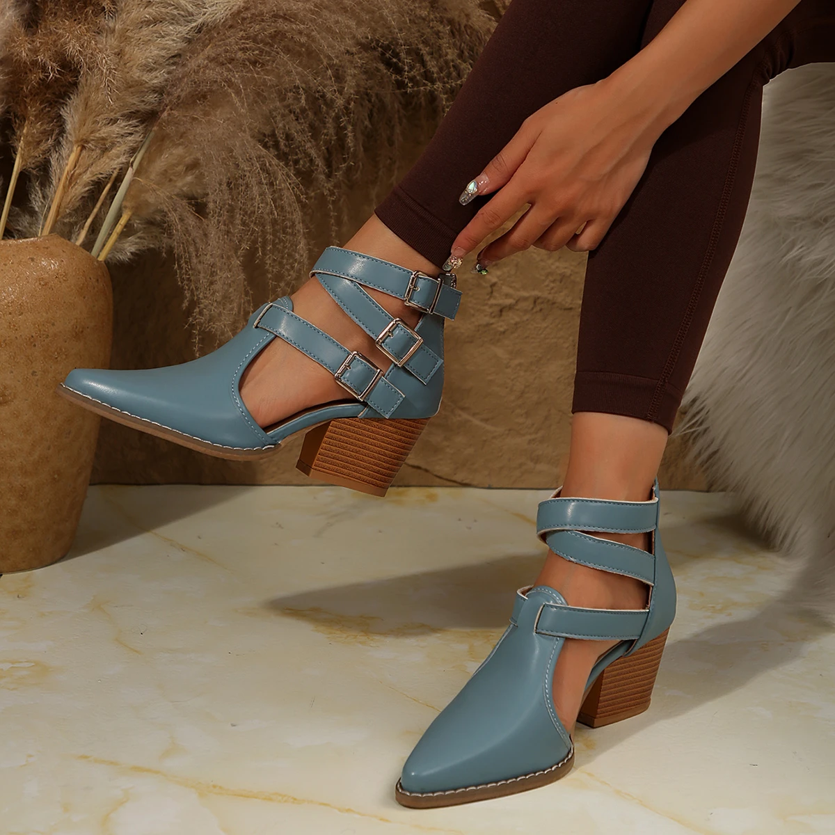 Sandalias informales de punta estrecha para mujer, botines de cuero suave que combinan con todo, zapatos cómodos, Sandalias de tacón alto informales sexys