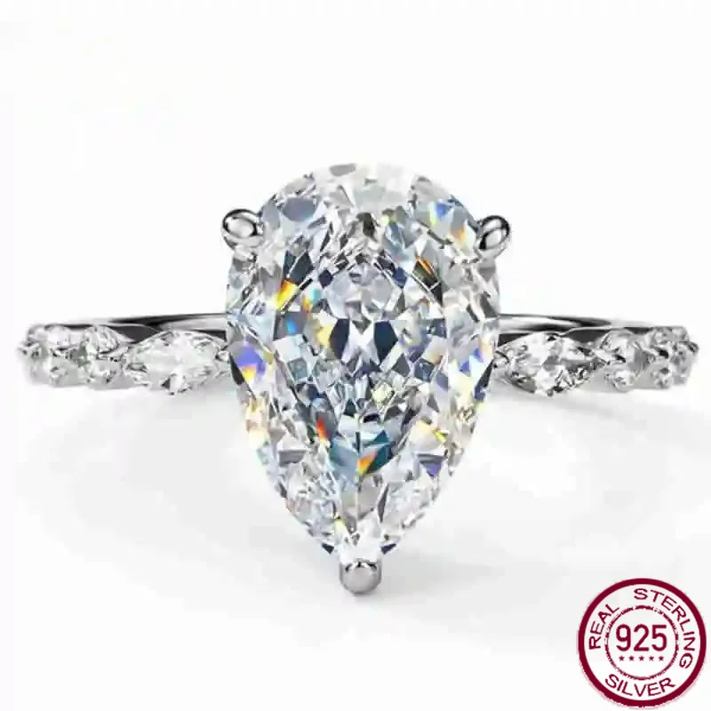 Yaranyan 100% 925 Sterling Silver Pear Cut 8*12 MM Lab Sapphire Gemstone Fine Jewelry Wedding Ring for Women Engagement Gifts