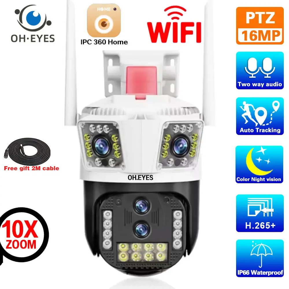 

WIFI 16MP Home PTZ Security Camera Four Lenses Three Screen 10X Zoom AI Human Auto Tracking 8K 4K Outdoor CCTV Surveillance Cam