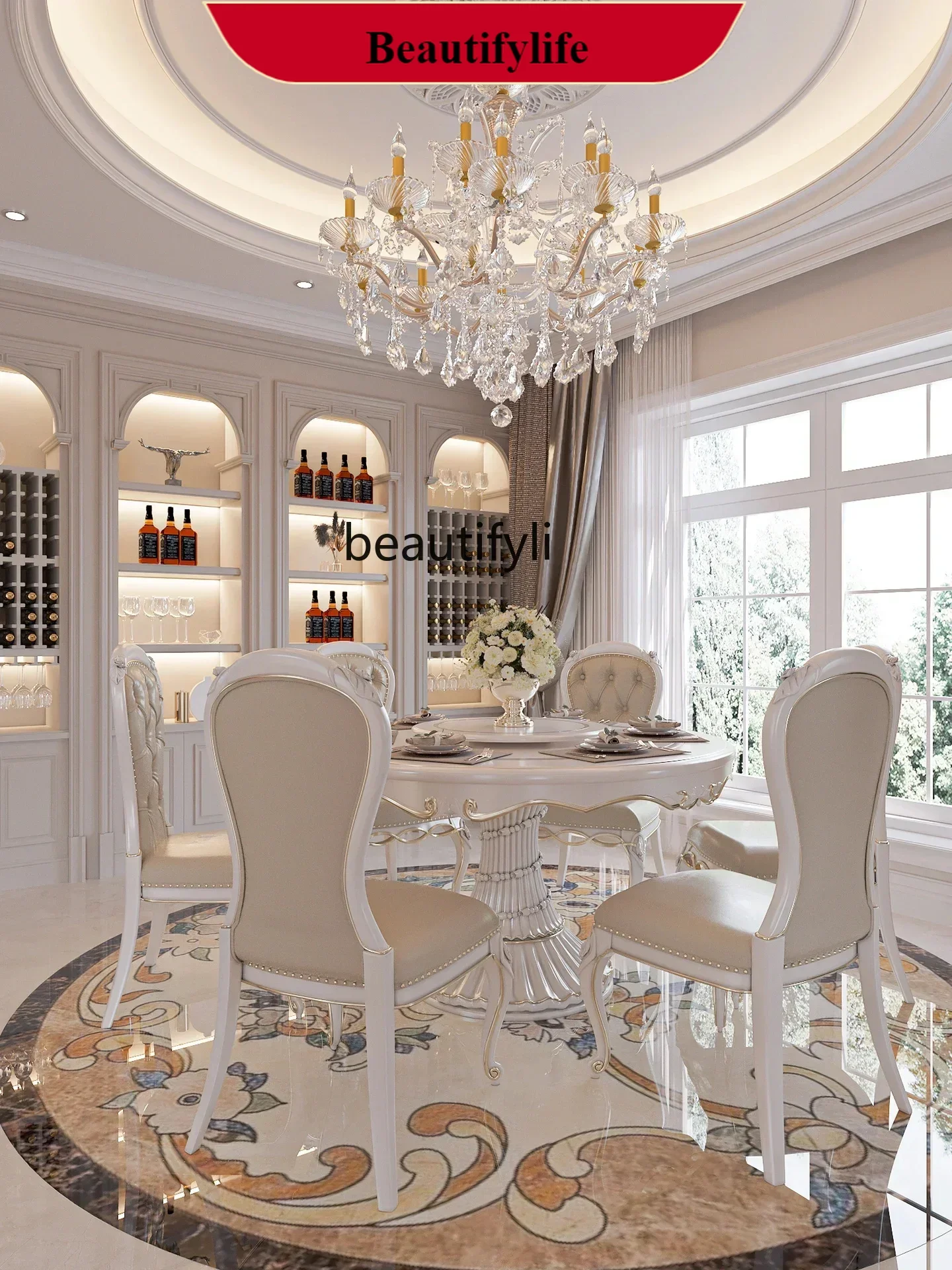 

G1218 Court French furniture European solid wood carving flower dining table 1.5 meters round table with turntable