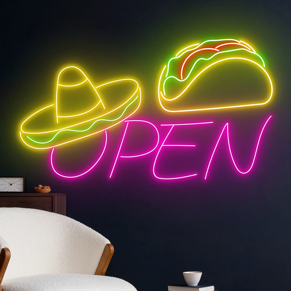 Mexican Tacos Open Neon Sign Mexico Restaurant Wall Decor Custom Neon Sign Mexican Tacos Food Store Kitchen Wall Art Led Light