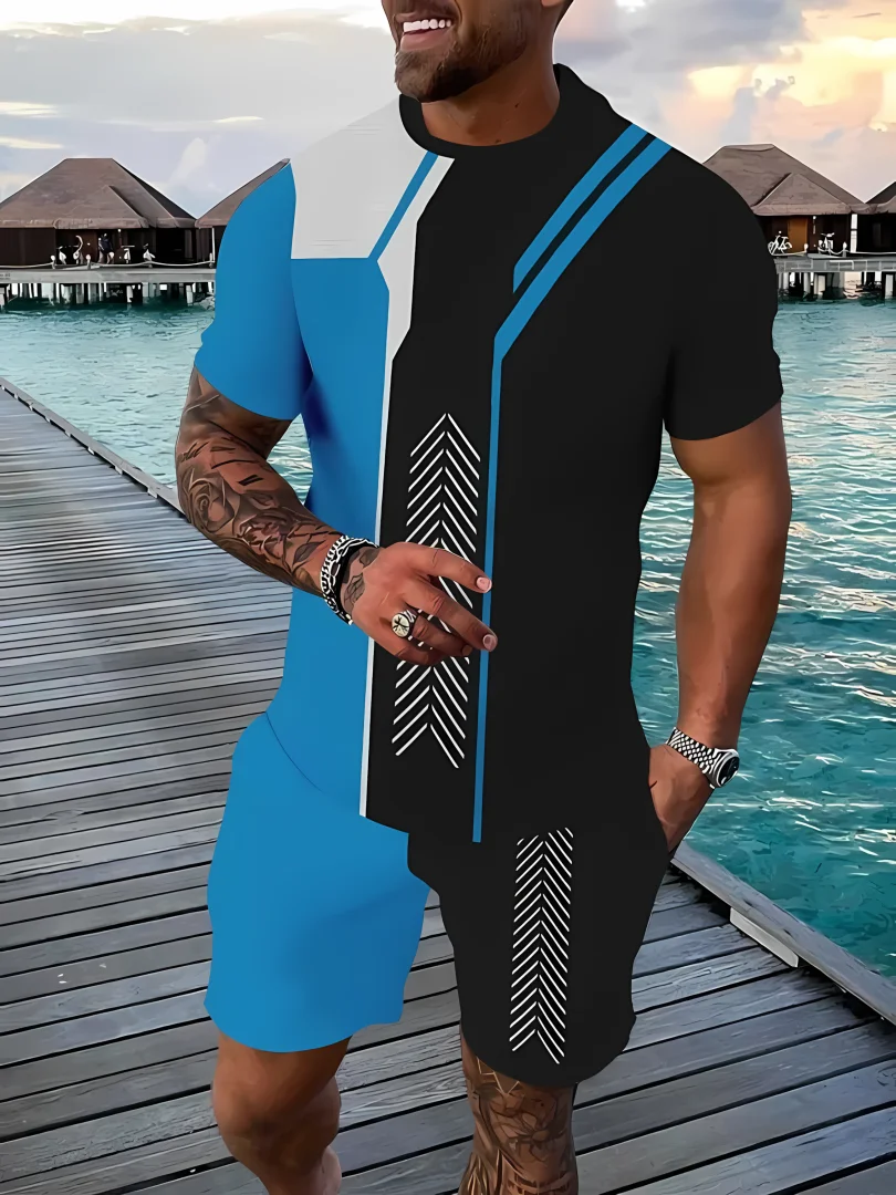 

2026 summer new men's casual sports short sleeved shorts 3D printed men's T-shirt shorts set