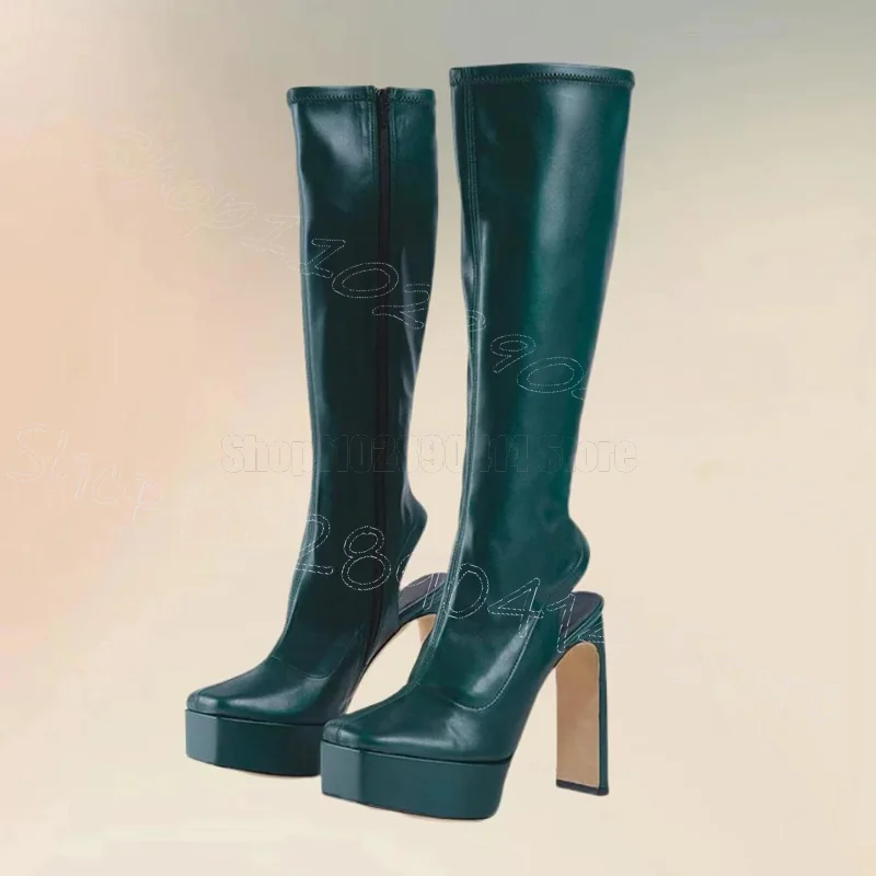 

Cyan Square Toe Cut Heel Platform Boots Side Zipper Women Shoes Chunky High Heels Party Dating Banquet 2025 Zapatos Para Mujere