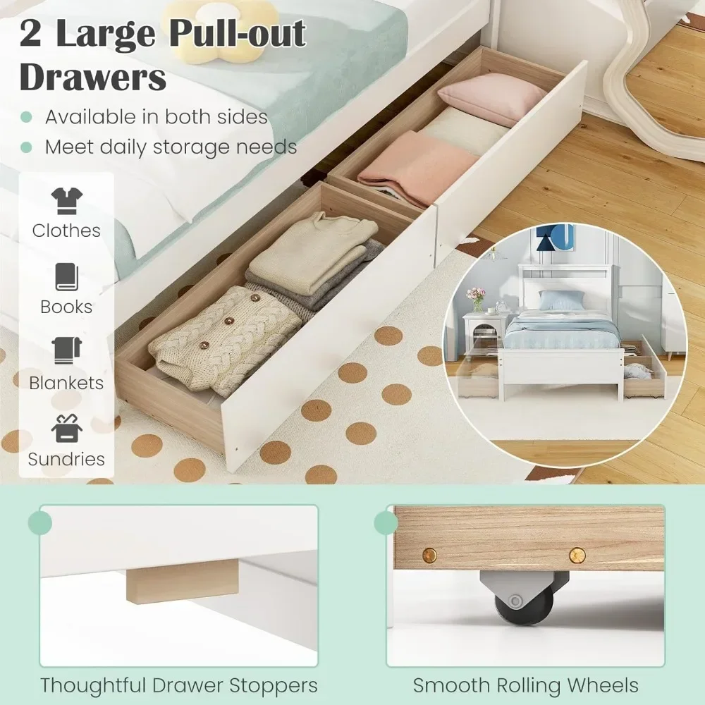 木製ツインベッド、収納引き出し2つ付き、ヘッドボード付き無垢材プラットフォームベッド、シングルベッド木製スラットサポート