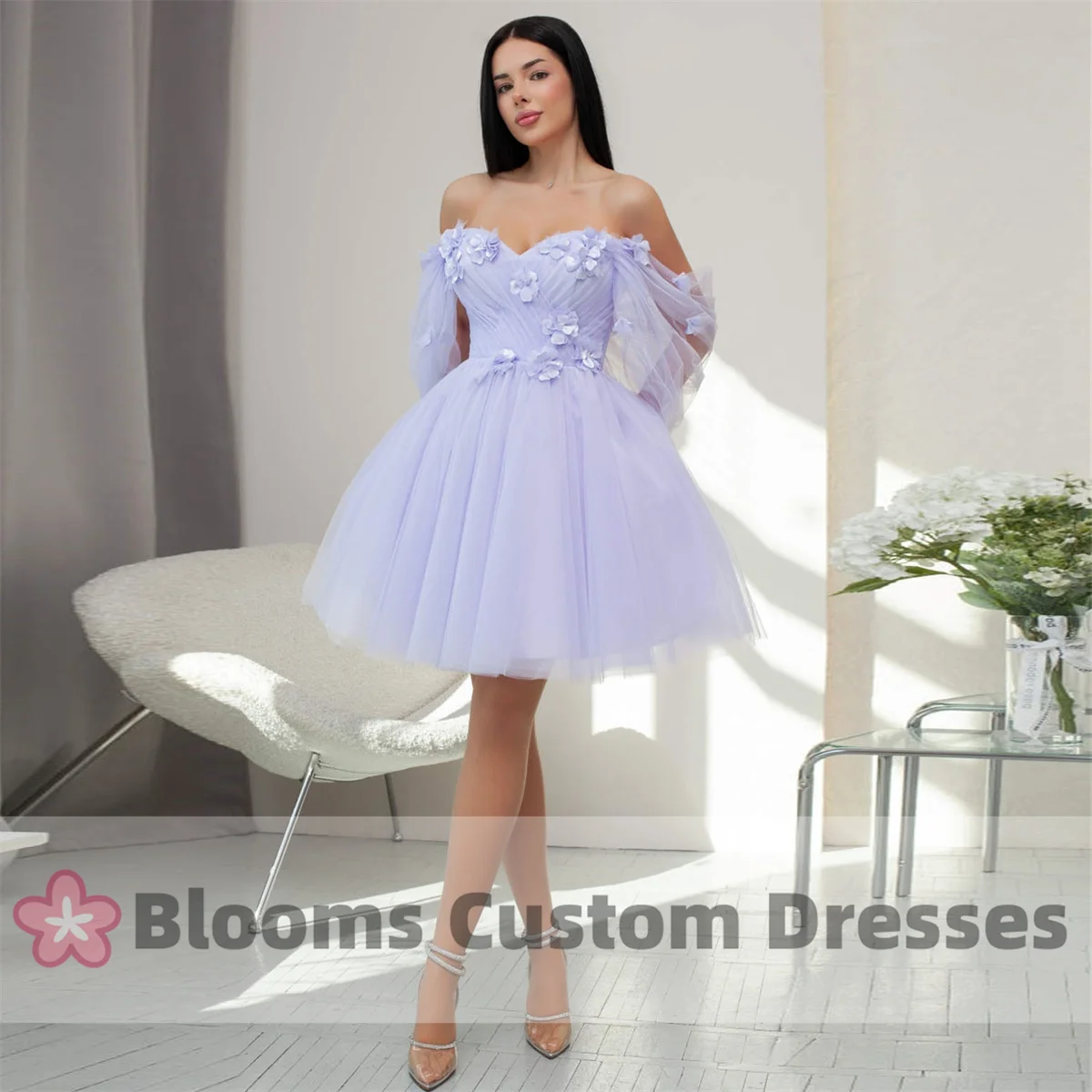 

Blooms Lilac Floral A-line Tulle Short Prom Dress Pleat Off Shoulder Evening Dress 2024 Party Ball Gown Sweet Homecoming Dress