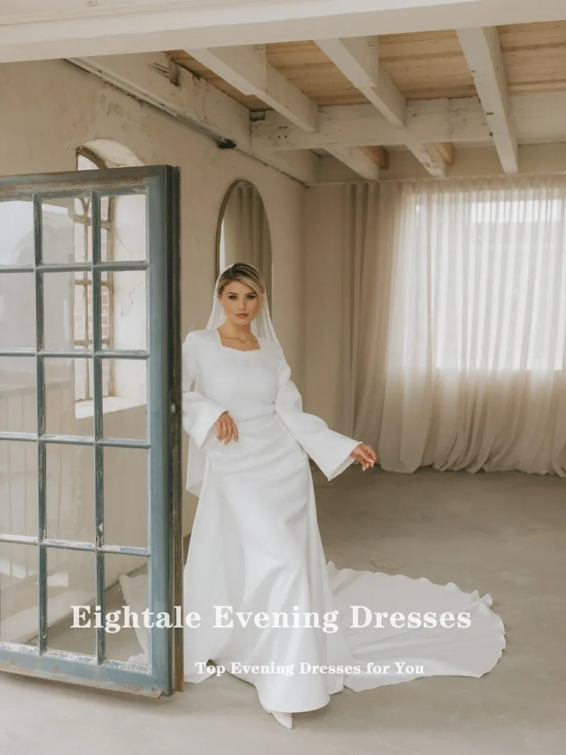 ชุดแต่งงานแบบอาหรับ Eightale สีไอวอรี่ แบบสั่งตัด ประดับลูกปัด คอวี แขนยาว ทรงเมอร์เมด สำหรับเจ้าสาวมุสลิม ชุดงานเลี้ยง