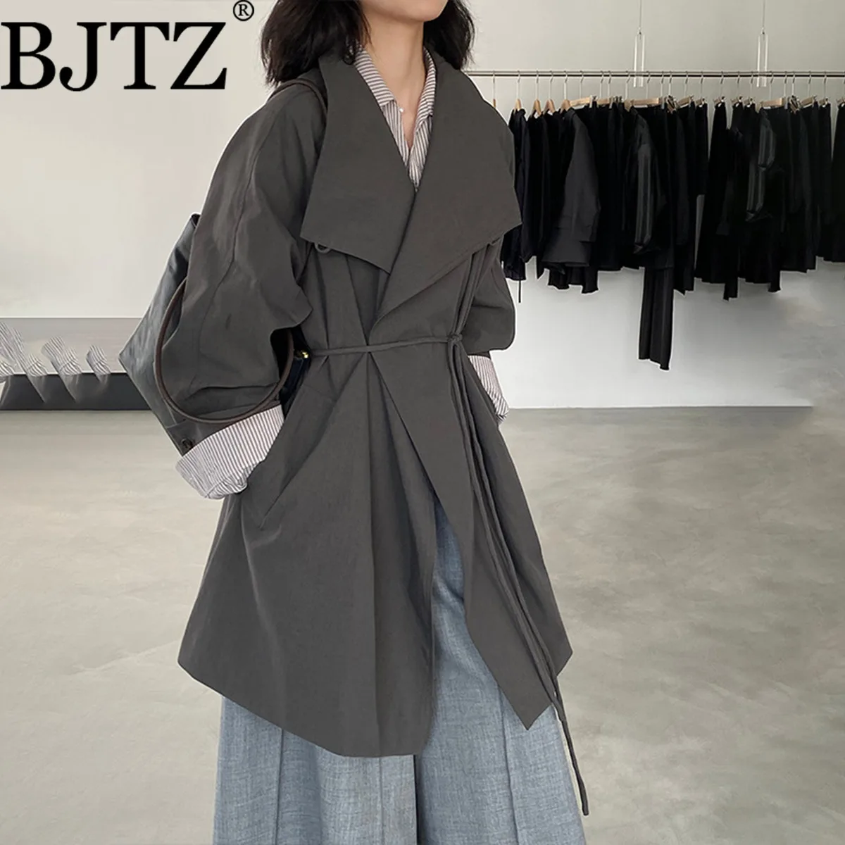 

BJTZ Тренч с лацканами в британском стиле для женщин с завязкой на талии, средней длины, свободного кроя для миниатюрных размеров