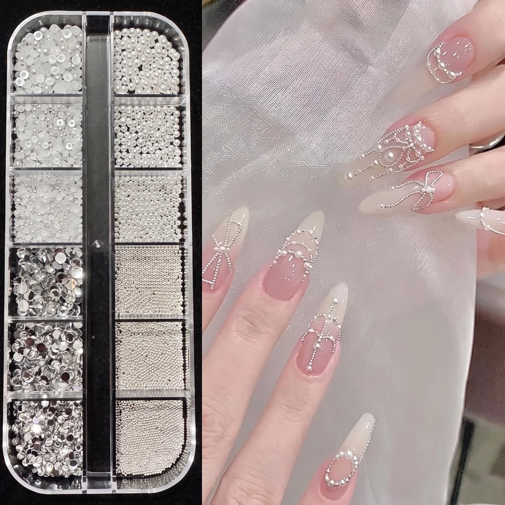 12Grid/Box White Pearl Nail Art Charms Multi-color Micro Caviar Beads Mixed Nail Rhinestones Crystal Diamond Manicure Decoration