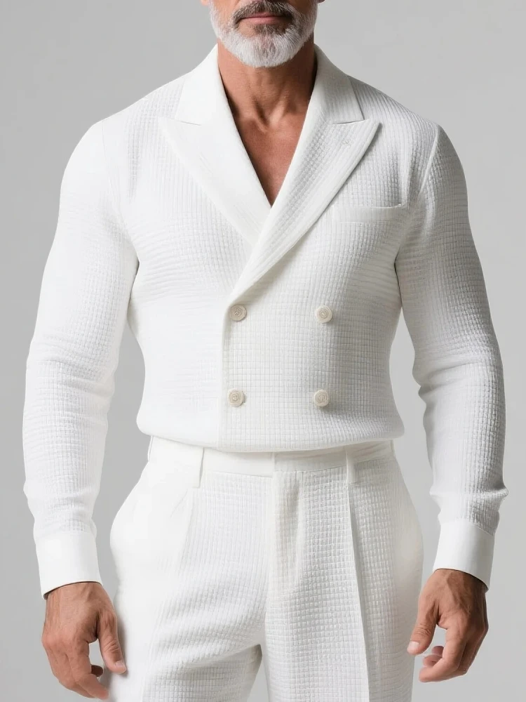 

Men's Vintage Double Breasted Lapel Waffle Shirt Solid High-end Long-Sleeved Shirt Male Fashion Business Casual Cardigan Tops