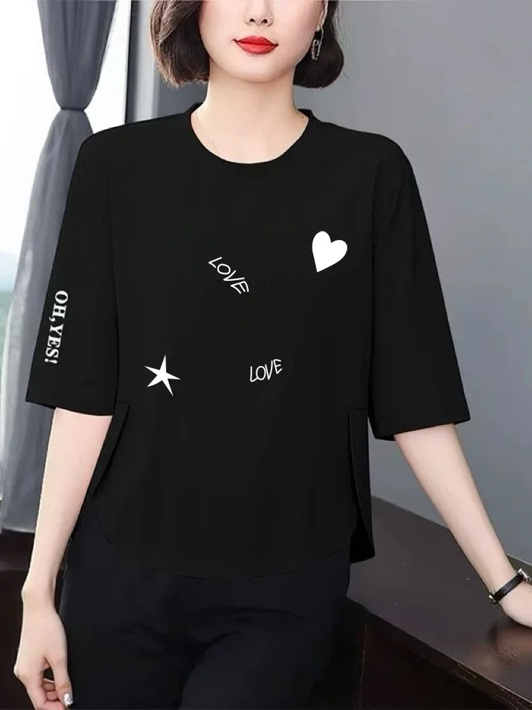 

Casual Heart Print 7/8 Sleeve T-Shirt Women Loose round Neck Mom Top Versatile Slimming Anti-Aging Polyester Fiber Breathable