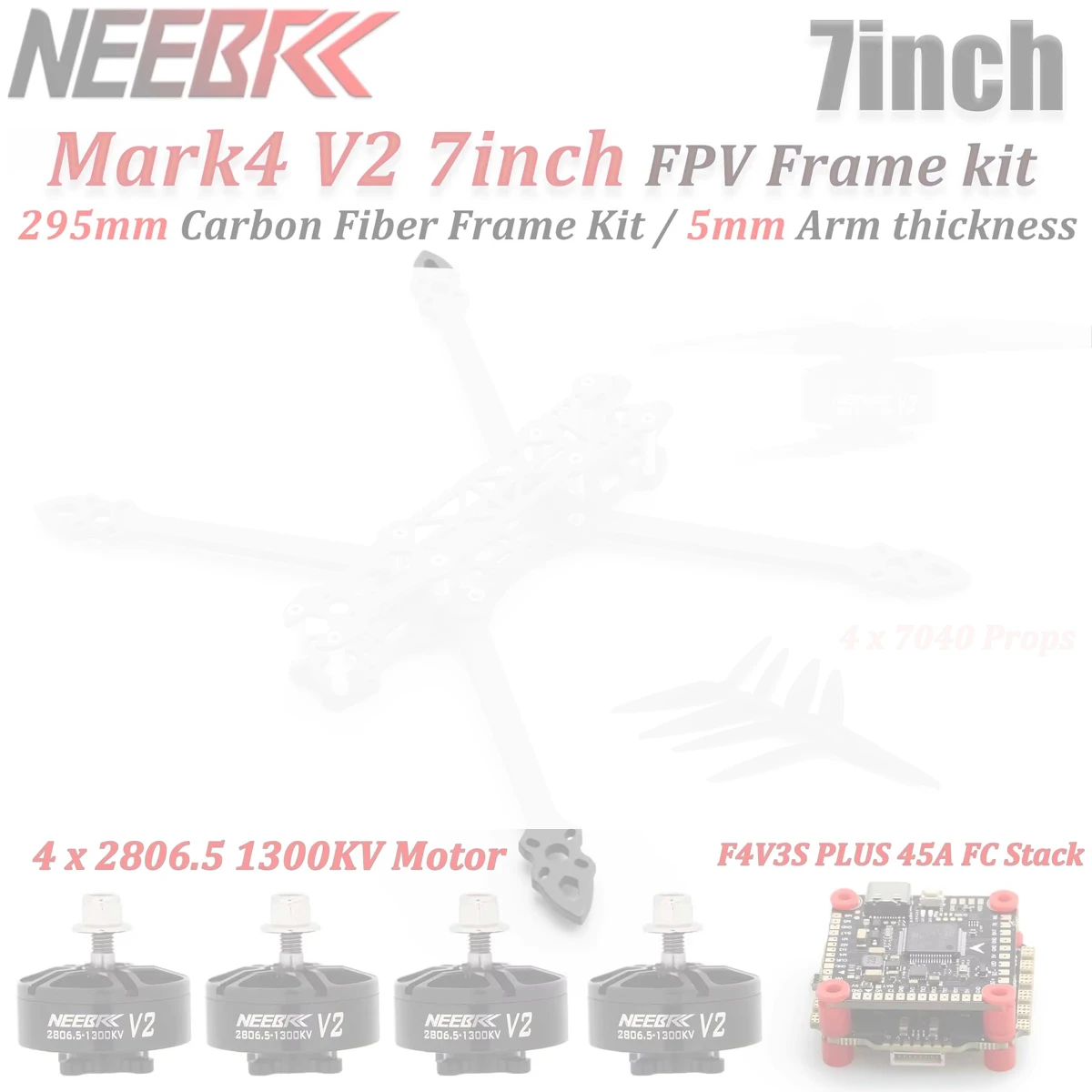 

MARK4 7inch 295mm Frame Kit F4 V3S PLUS 45A FC Stack 2806.5 1300KV Brushless Motor 7040 Propeller for RC Freestyle FPV Drone Kit