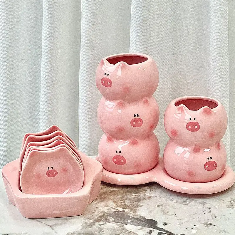 Cute Pig Chopstick Tube High Value New Household Chopstick CageCeramic Drain Chopstick Spoon Countertop Storage Box Mildew-proof
