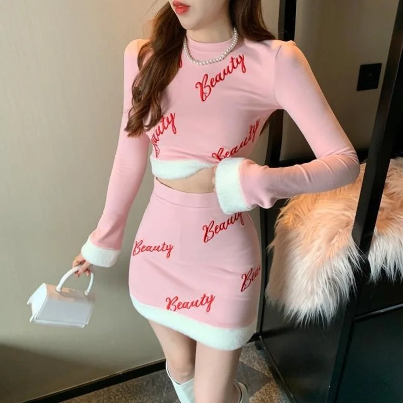 Pink Top Mini Skirt Suit for Women Cute Girl Kawaii Short Plush Stitching Long-Sleeved Bottoming Shirt 90s Aesthetic New