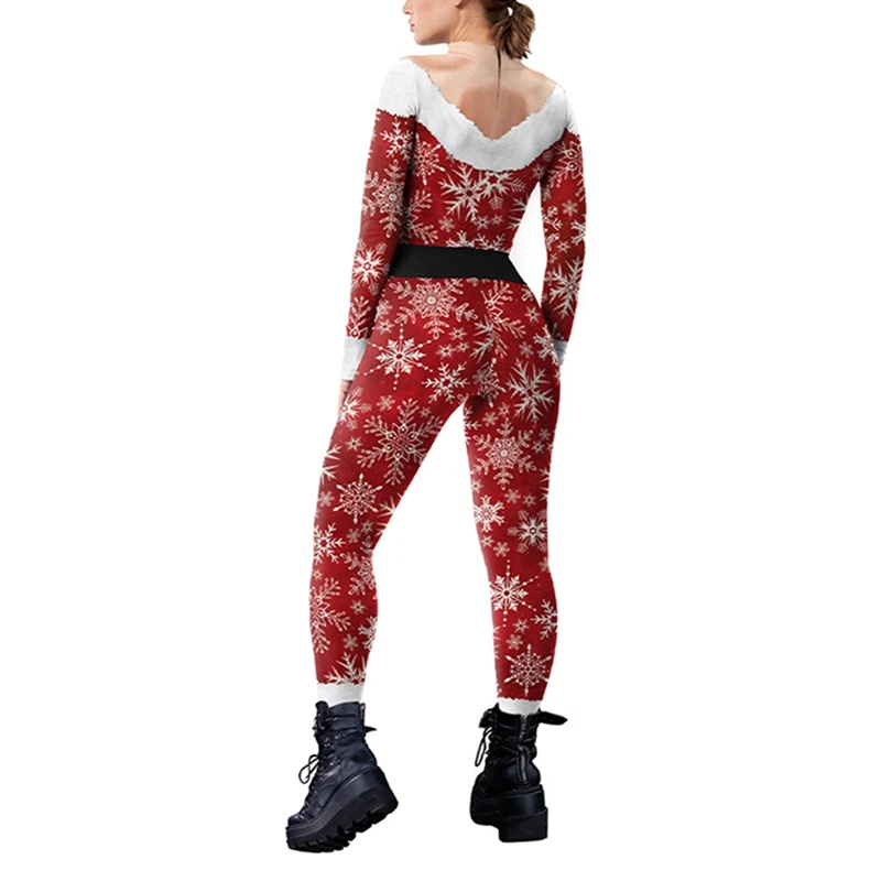 Women Men Christmas Jumpsuit Snowflake Print Bodycon Long Sleeve High Neck Bodysuit Costume