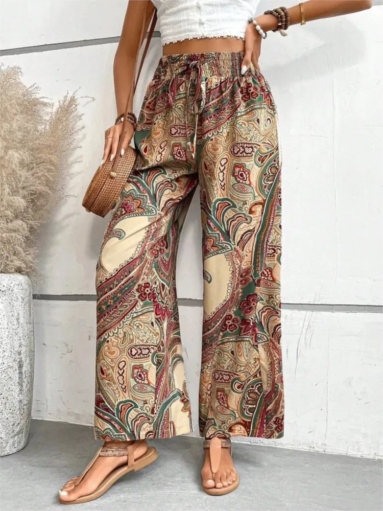 

Women Summer Printed Wide Leg Pants Straight Trouser 2025 New Fashion Elastic Waist Versatile Breathable Grace Ladies Streetwear