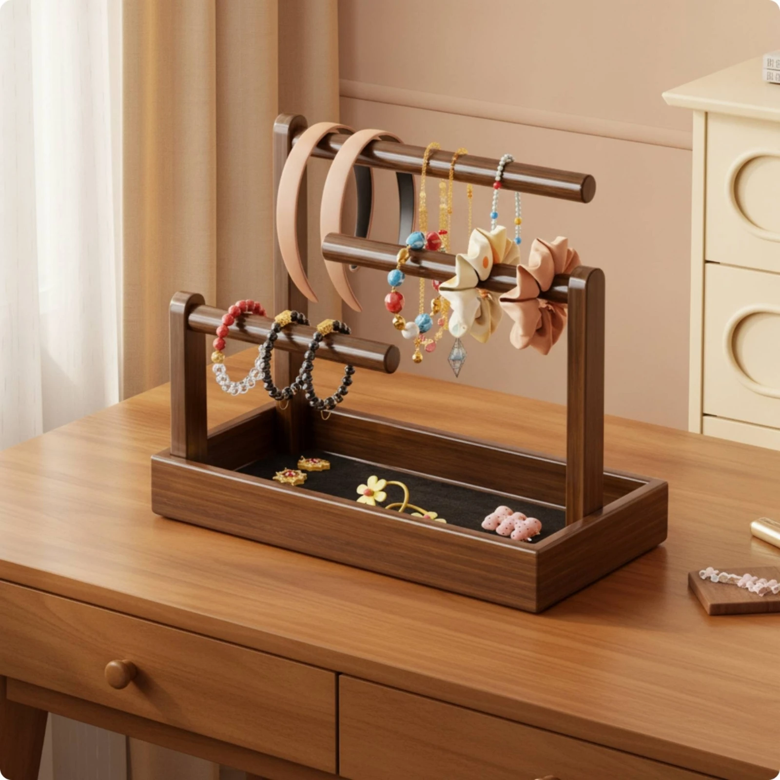 Headband Holder with Tray Elegant Hairband Organizer with Felt Base Bracelet Display with Wooden Rails Compact for Women