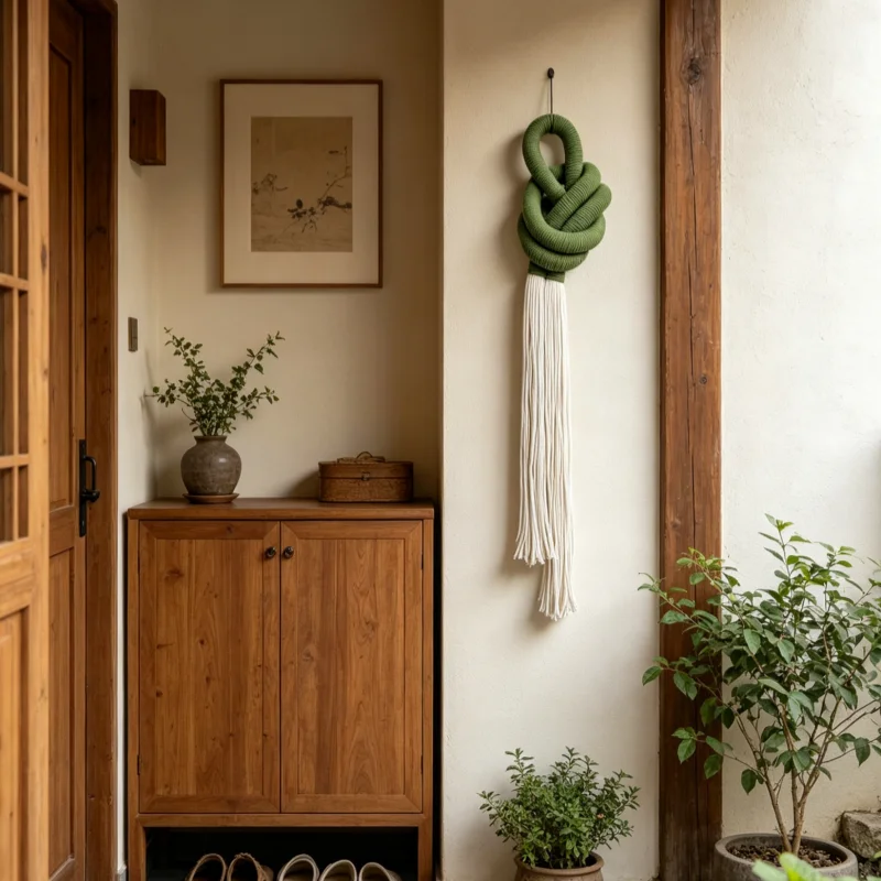 Long Tassel Macrame Wall Hanging Light Green Cotton Rope Knot Art Wall Tapestry Boho Decor For Office Hotel