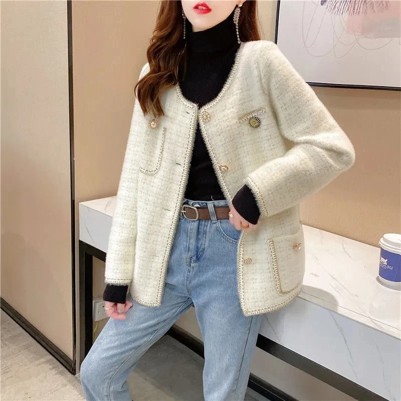 

New Imitation Mink Velvet Cardigan Jacket Women Small Fragrance Sweater Coat O-Neck Long Sleeve Knitted Top Lady Elegant Outwear