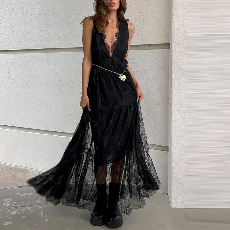 

Сексуальное вечернее платье без рукавов с глубоким V-образным вырезом и открытой спиной, темпераментное платье трапециевидной формы с высокой талией, повседневное однотонное длинное платье с кружевной вышивкой