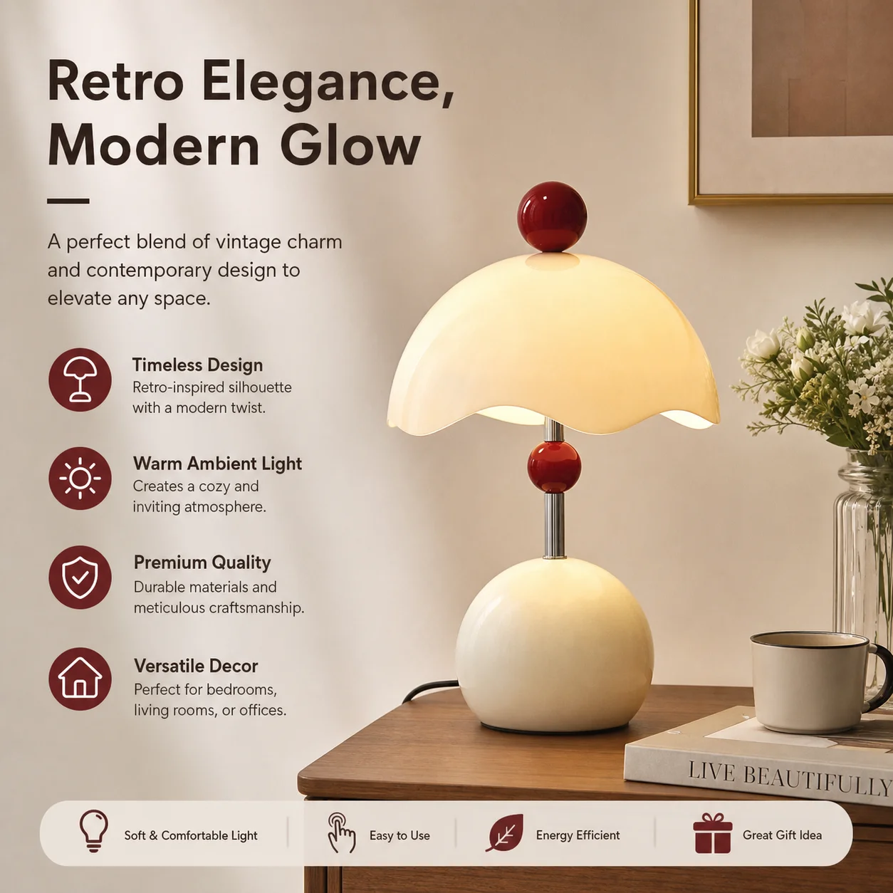 WWPPU New Eggshell Table Lamp Rechargeable Touch Switch Retro Bedside Lamp Bedroom Premium Decor Gift