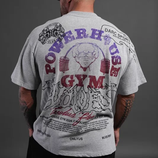 American Style Pure Cotton Short Sleeve T-Shirt Fitness Sport Loose Shoulder Drop POWERHOUSE GYM Casual Breathable Sweat Abso...