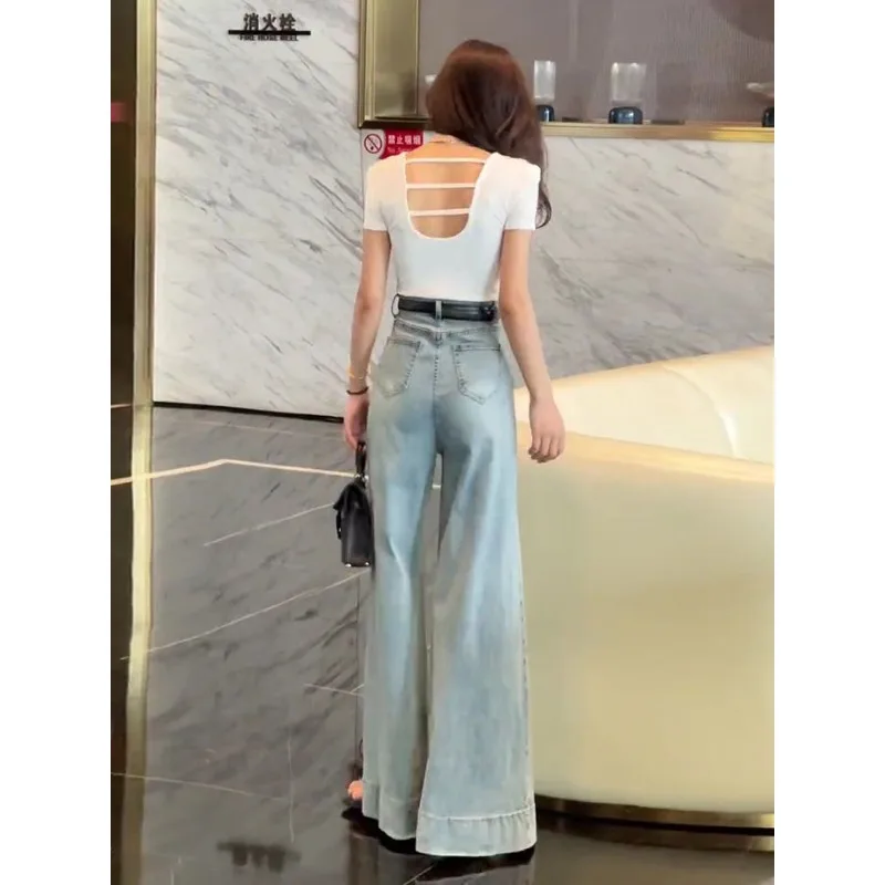 Jean délavé Vintage pour femme, pantalon taille haute, jambes larges, drapé, ample, longueur au sol, nouvelle collection automne