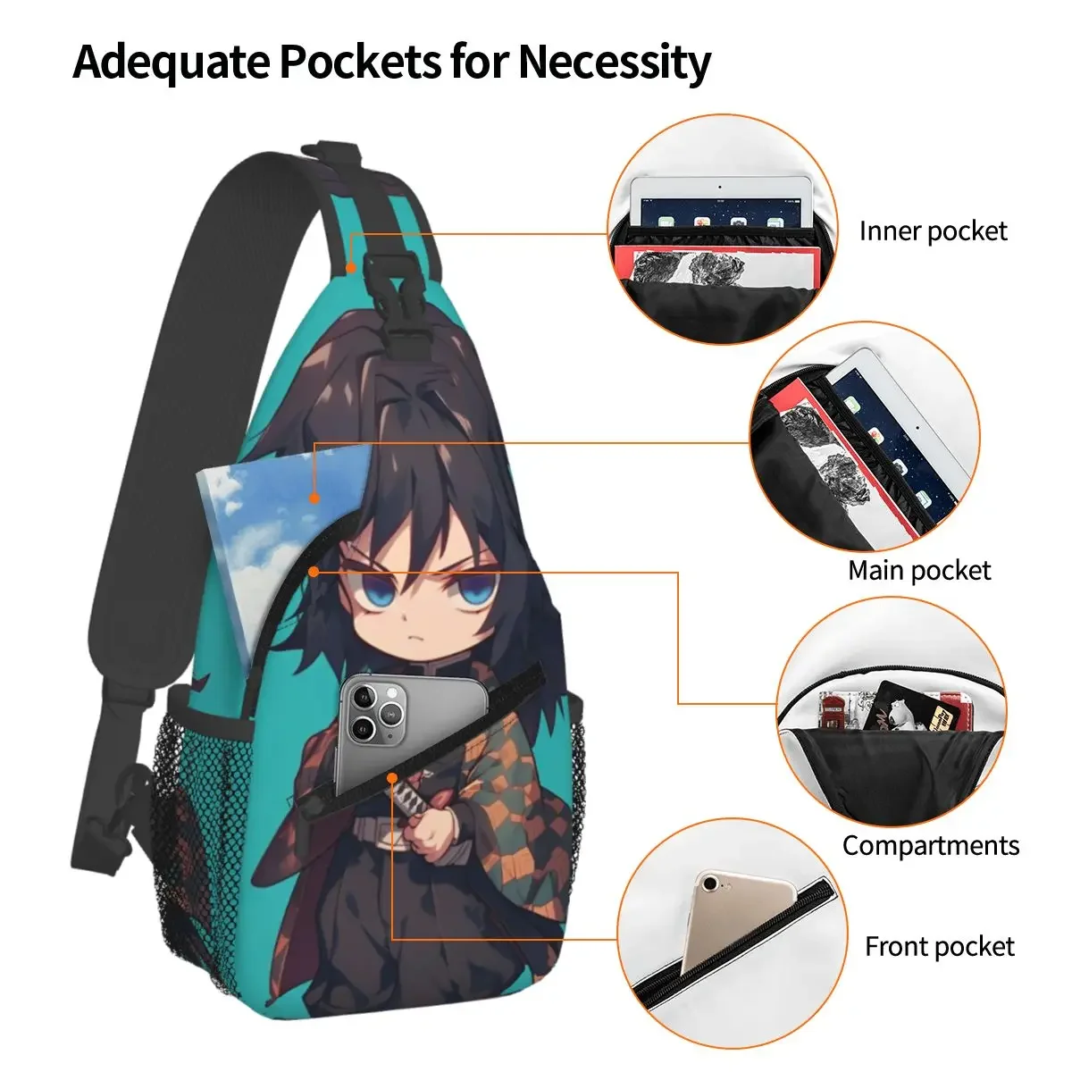 Giyu Tomioka Crossbody Sling Bag Cool Chest Bag Anime Demon Slayer Shoulder Backpack Daypack for Hiking Outdoor Cycling Bookbag