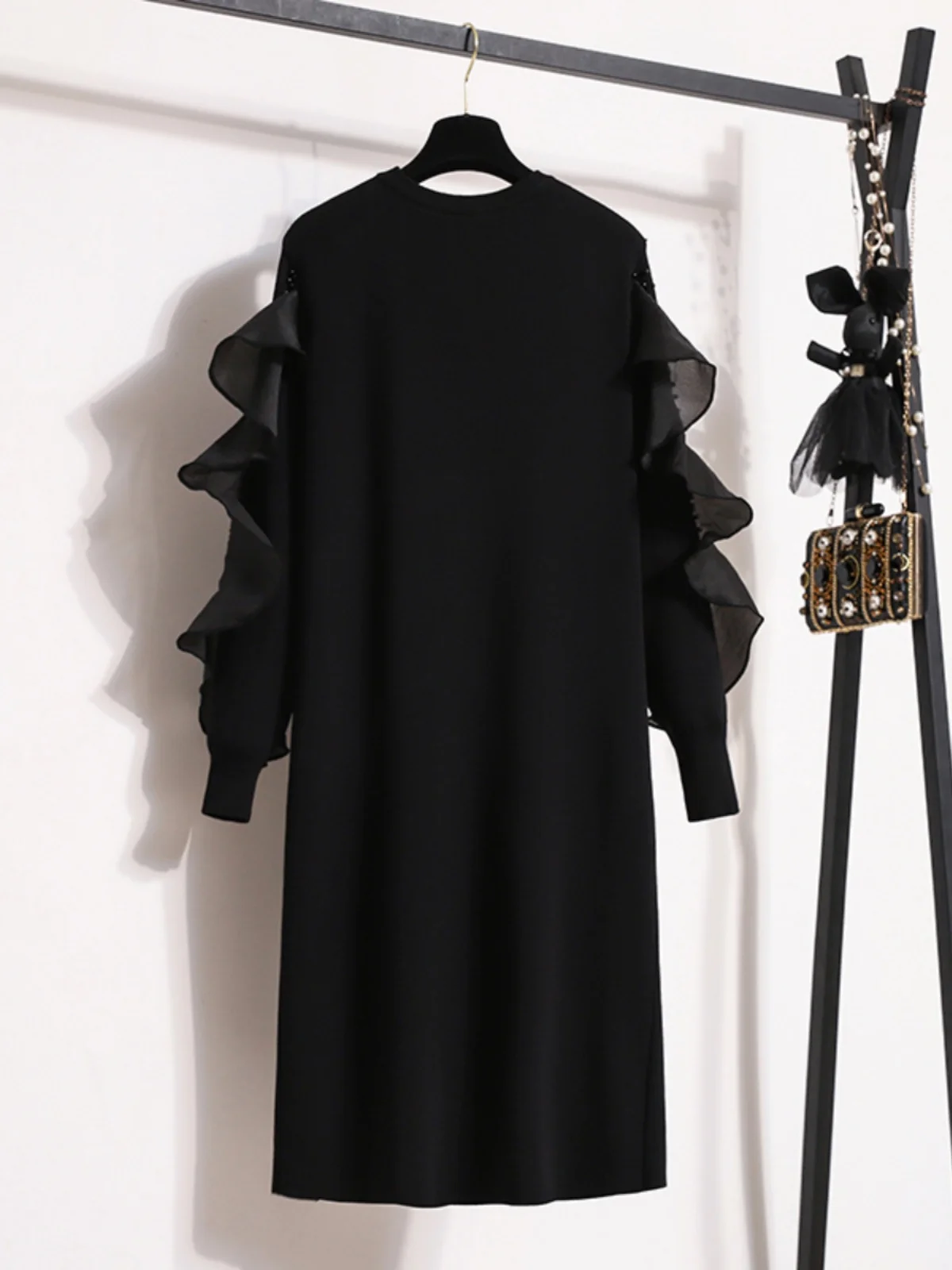 Black Knitted Floral Dress Women's Spring Autumn plus Size Base Layer Sweater Dress Three Dimensional Decorations High Waist