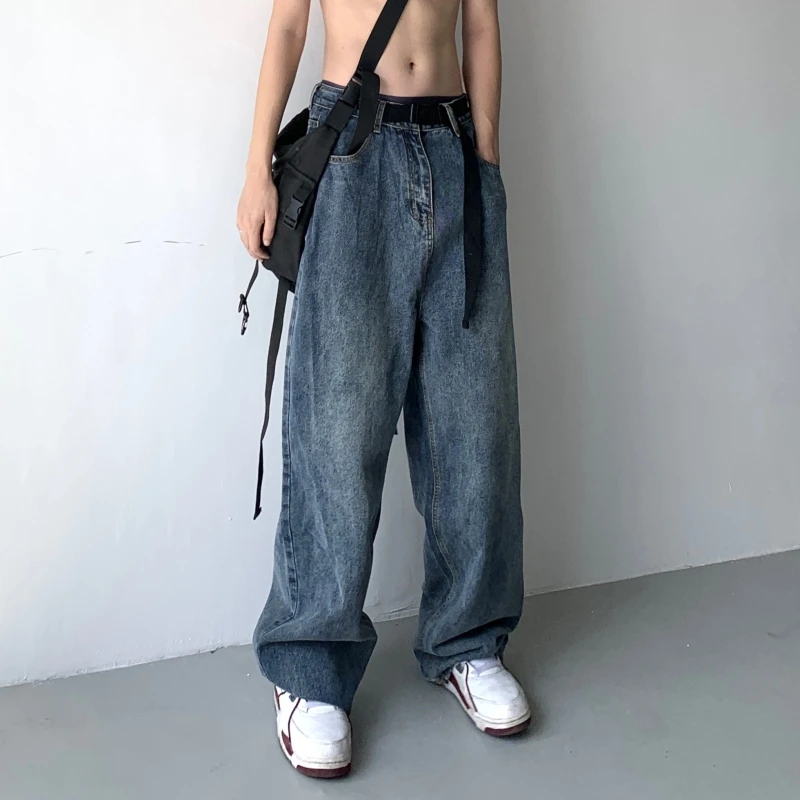 american-sle-retro-loose-men's-jeans-straight-leg-drop-crotch-wide-leg-pure-color-trendy-high-street-dad-pants