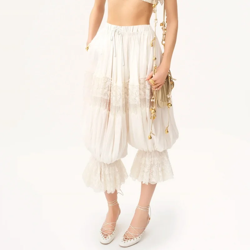 여성 Y2K 퍼프 블루머 롱 팬츠 레이스 패치워크 루즈 블루머 팬츠 러플 하이웨이스트 여성 트라우저 비치 롱 벌룬