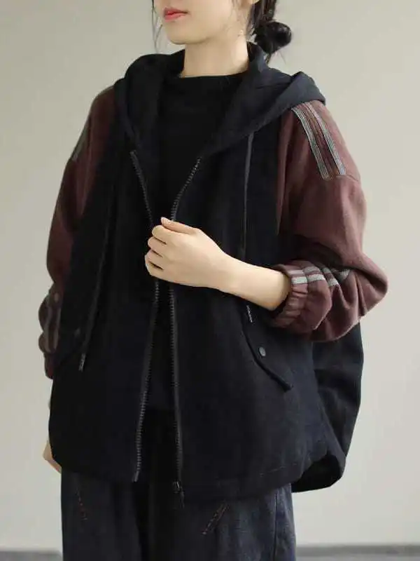 

plus Size Retro Loose Artistic Long Sleeve Hooded Warm Outerwear Autumn Winter New Style Color Block Versatile Cotton Jacket