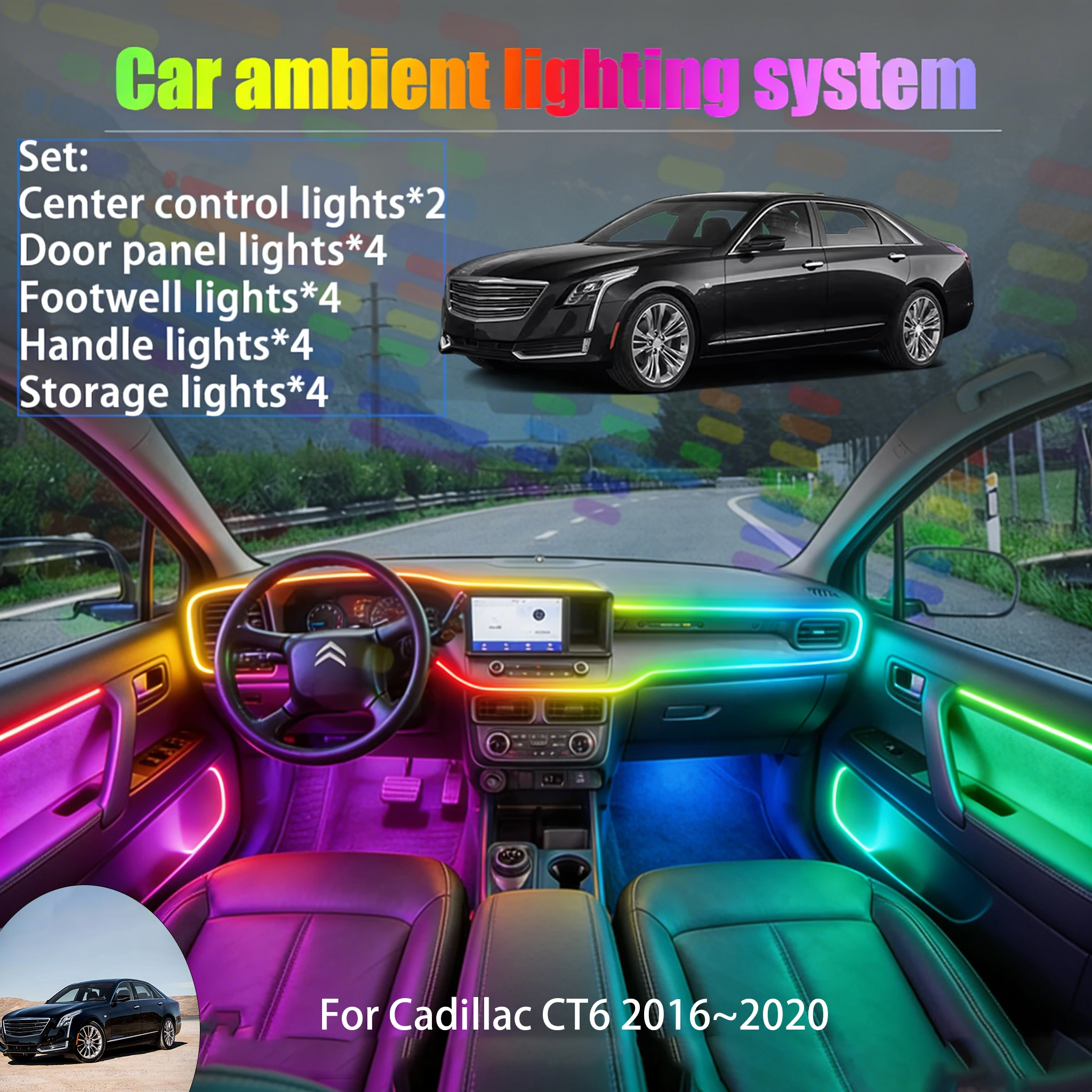 

Для Cadillac CT6 2016~2020 MK2 2/18 в 1: Комплект светодиодной подсветки салона и багажника USB RGB, атмосферная подсветка, автозапчасти