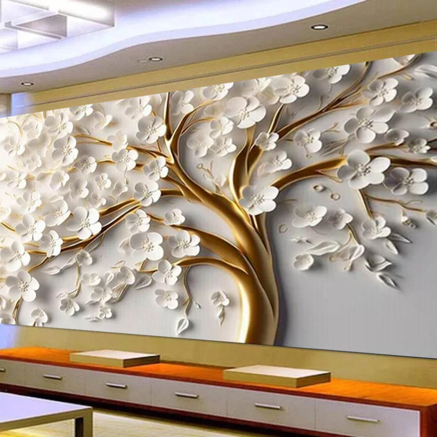 Fullcang Diy Big Size Diamond Painting New 2024 White Flower Golden Tree Full Mosaic Embroidery Landscape Picture Wall Decor