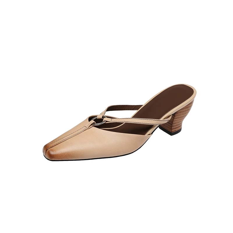2026 Women's New European and American Summer Genuine Leather T-shaped Buckle Thick High Heel Large Mary Jane Baotou Slippers