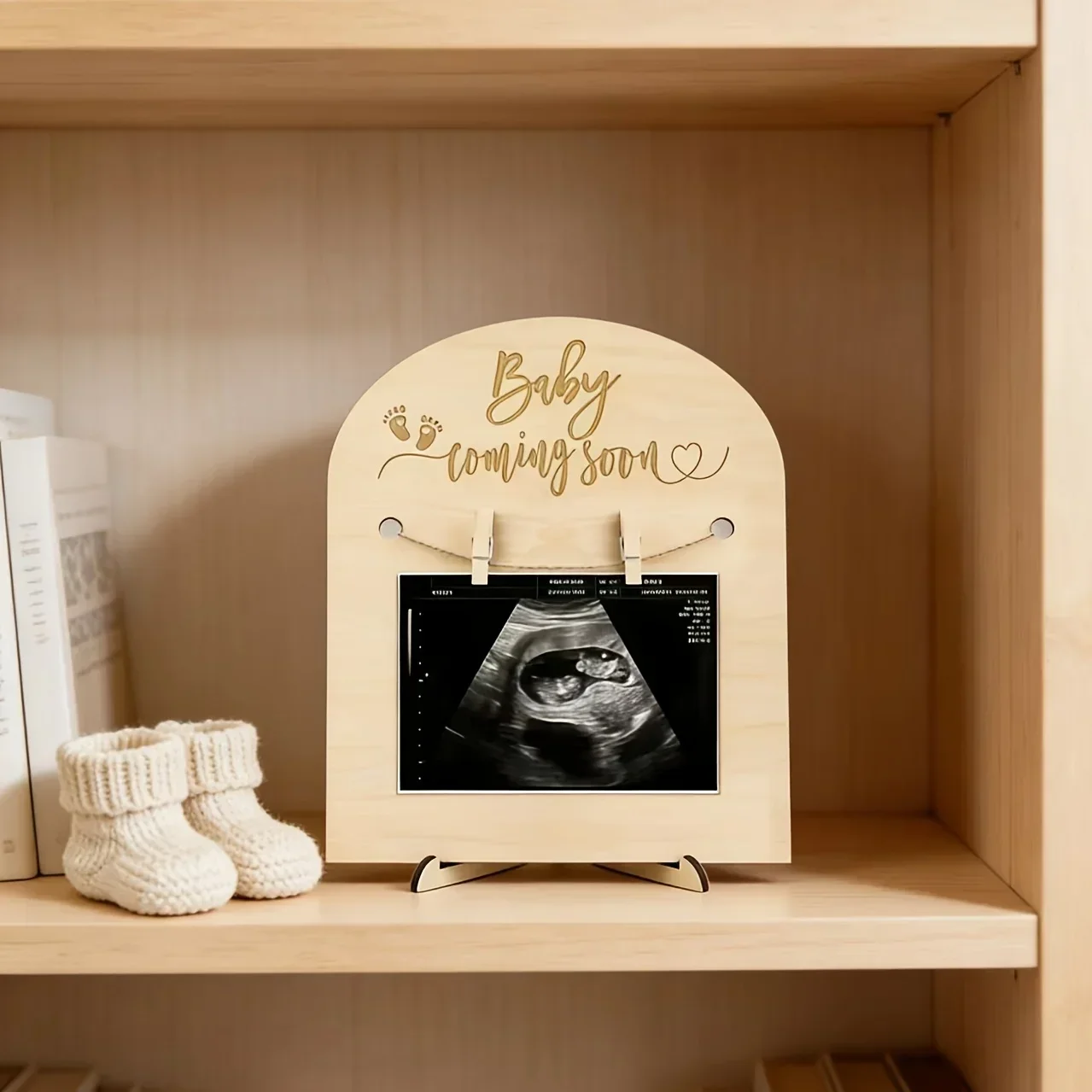Engraved Pregnancy Baby Scan Memory Frame, Wooden Ultrasound Photo Holder with Stand for Bedroom Home Decor