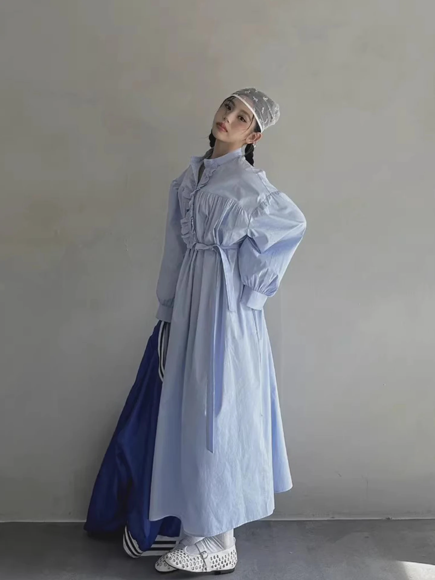 Bolha de emenda de renda azul sve dr feminino início da primavera vintage preguiçoso sle cintura-emagrecimento longo dr