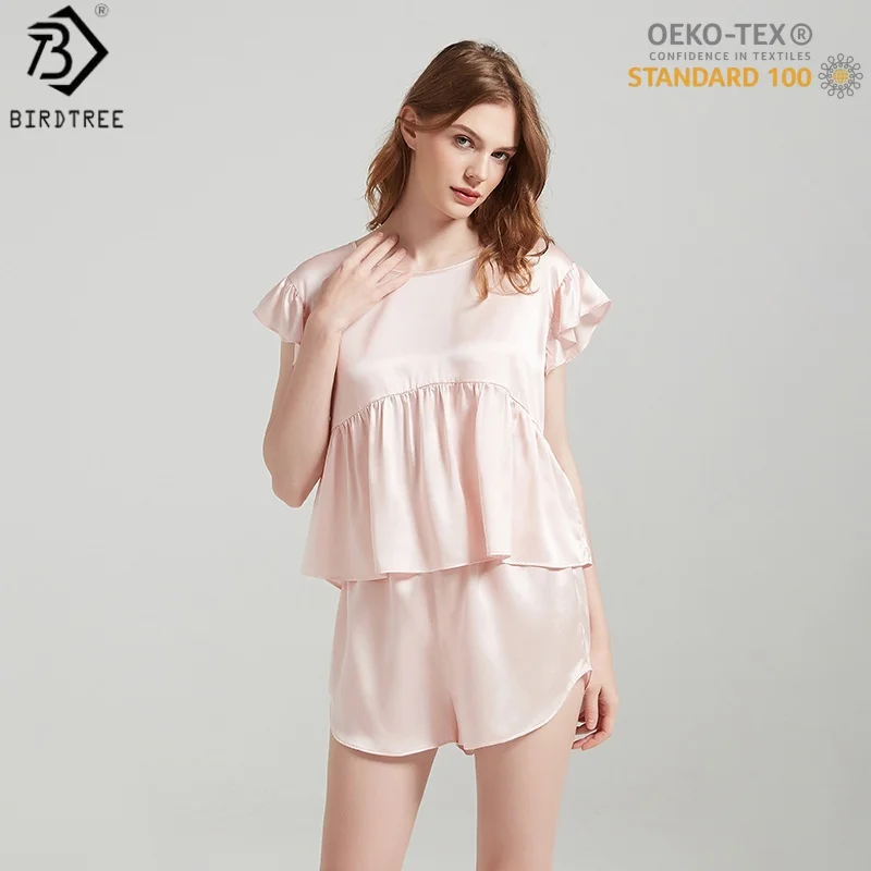 BirdTree, OEKO-TEX, 19MM 100% Silk Pajamas Set, Women's Plain Satin Tops Shorts Homewear, Short Sleeve, 2026 Spring New P62201JF