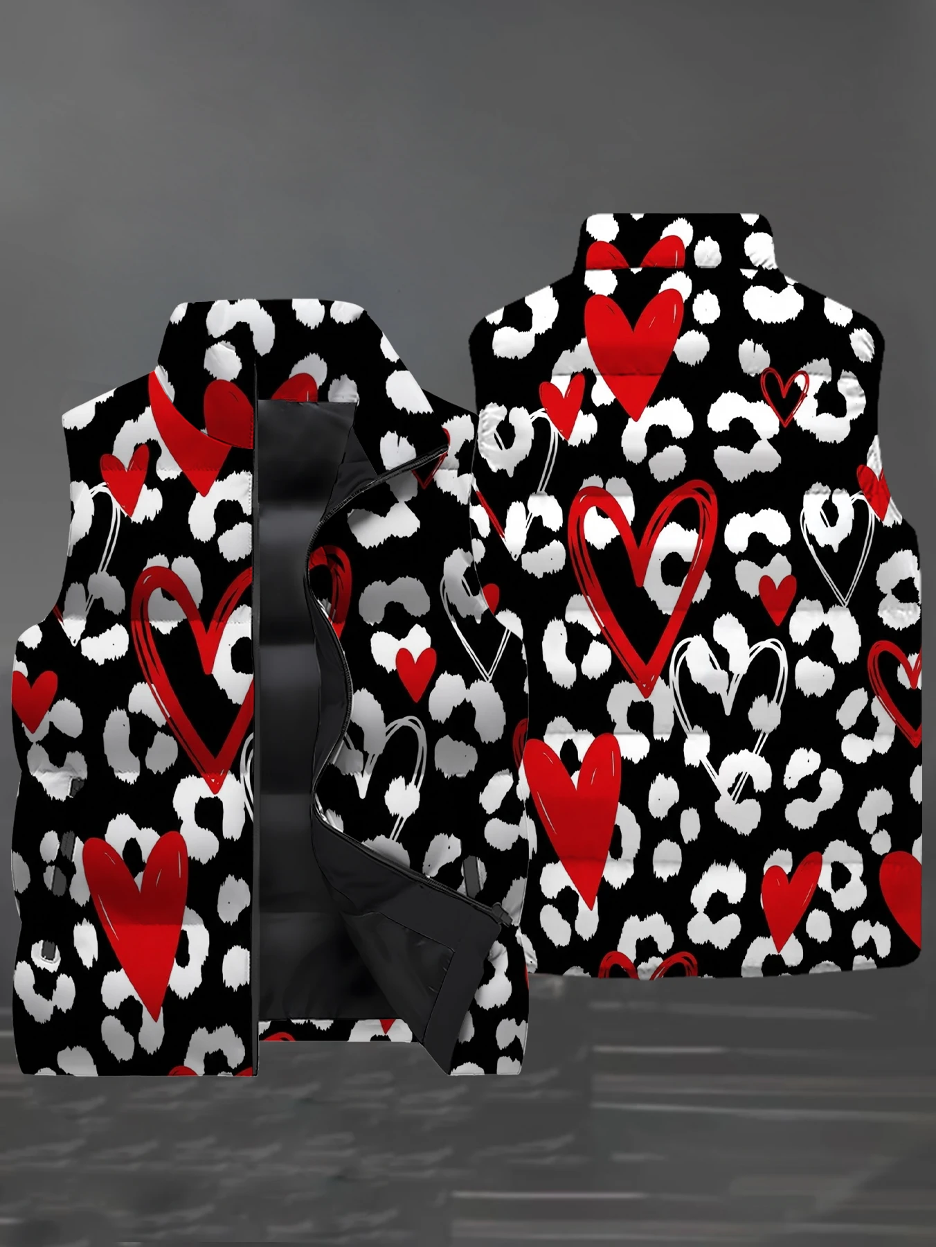 Men 3D Red Heart Leopard Print Puffer Waistcoat Stand Collar Zipper Sleeveless Warm Padded Vest Autumn Winter Casual Outerwear