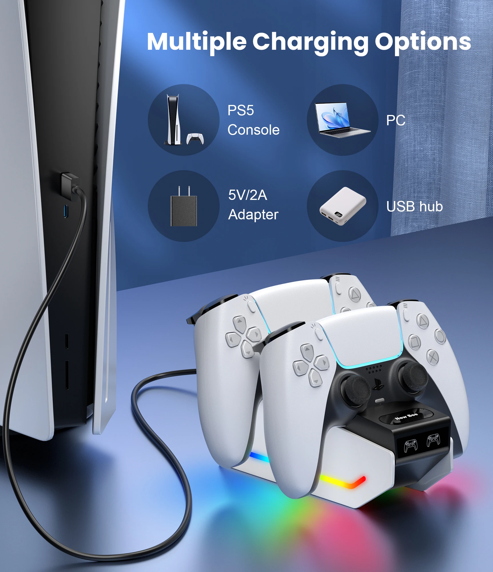 محطة شحن وحدة تحكم Bee Z15 RGB جديدة للبلاي ستيشن شاحن مزدوج سريع حامل شحن محطة إرساء للوحة ألعاب PS5