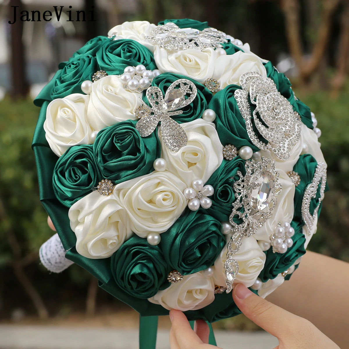 JaneVini Bling Bling Rhinestone Bridal Flower Bouquet High Quality Crystal Jewelry Green Bride Rose Wedding Bouquets Accessories