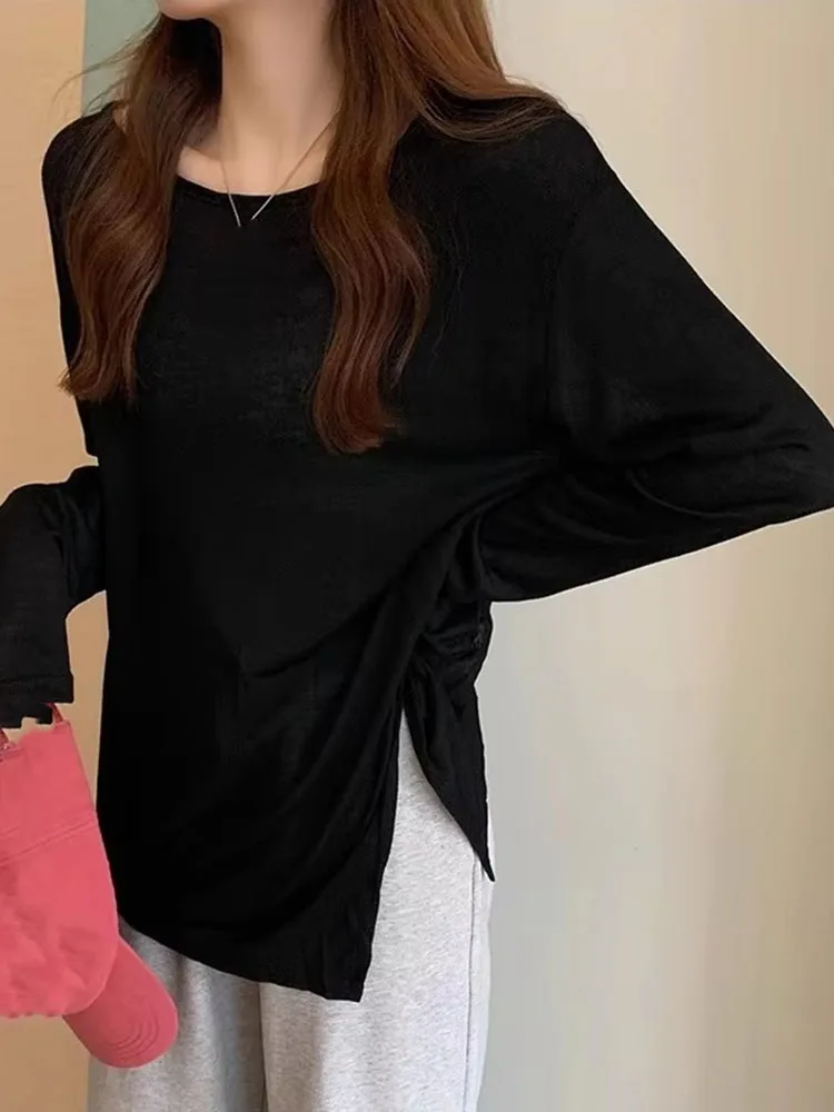 Women Summer Uv Protection Long Sleeve Beach Cover Up Knit Split Hem Loose Lightweight Breathable Ice Silk Tops