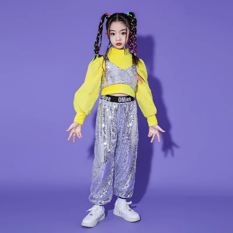 

Kid Hip Hop Clothing Yellow Zip Up Crop Top T Shirt Silver Sequined Tank Jogger Pants for Girl Jazz Dance Costume Clothes Set