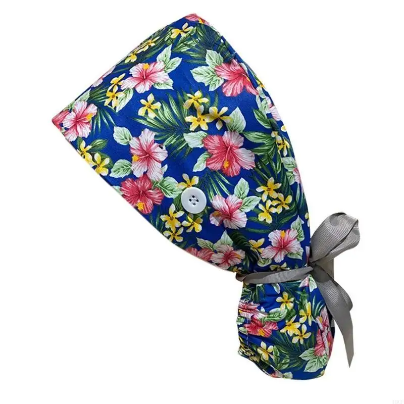 3Pcs/Set Adjustable Ponytail Working Cap with Button Sweatband for Butterfly Floral Printed Tie Back Hat for Women Long