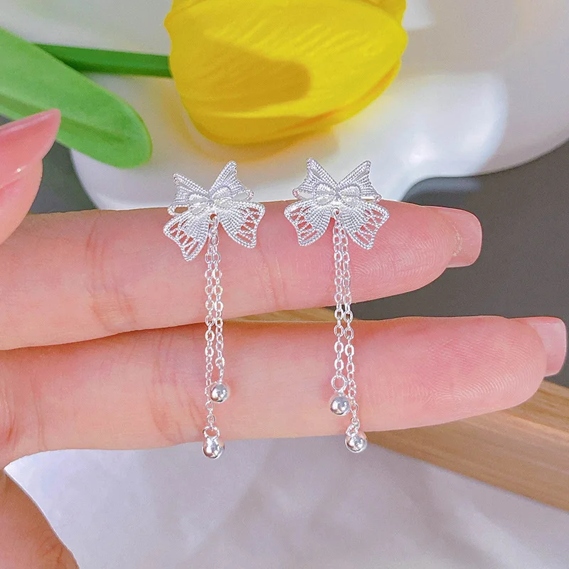 

SHXI2025 Boho Chic 999 Sterling Silver Butterfly Tassel Ear Climber Long Drop Hypoallergenic Earrings