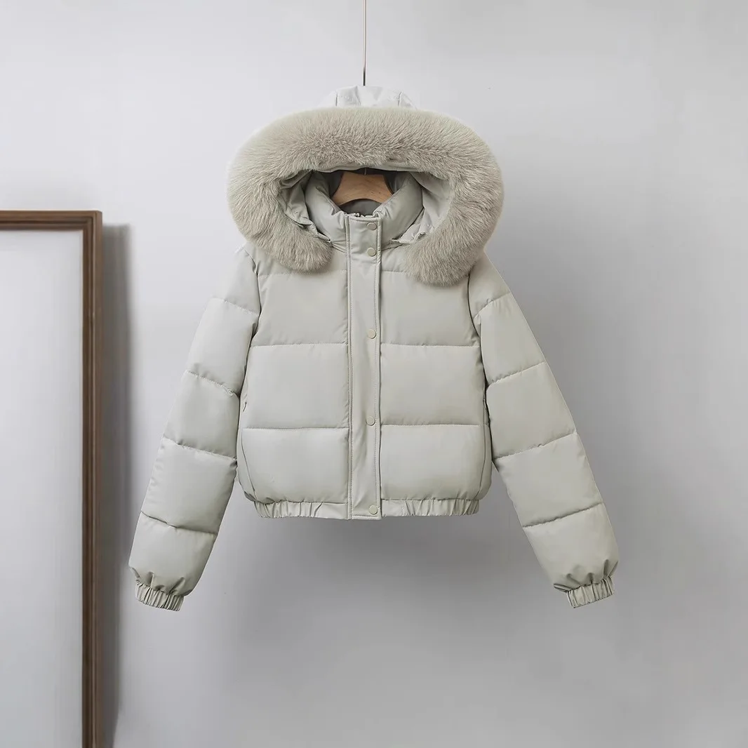 KIDCRKJ Winter Short Parkas Women's Cotton-padded Fleece Lining Thicken Warm Outerwear Fur Collar Removable Hooded Quilted Coat